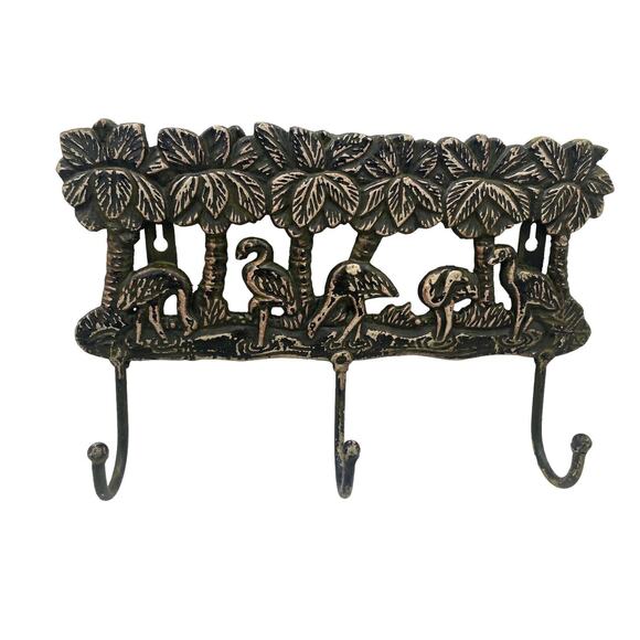 FLAMINIGOS Wall Hanging Coat Hat Key Rack w 3 Hooks Vintage Heavy Cast Metal - Picture 1 of 10